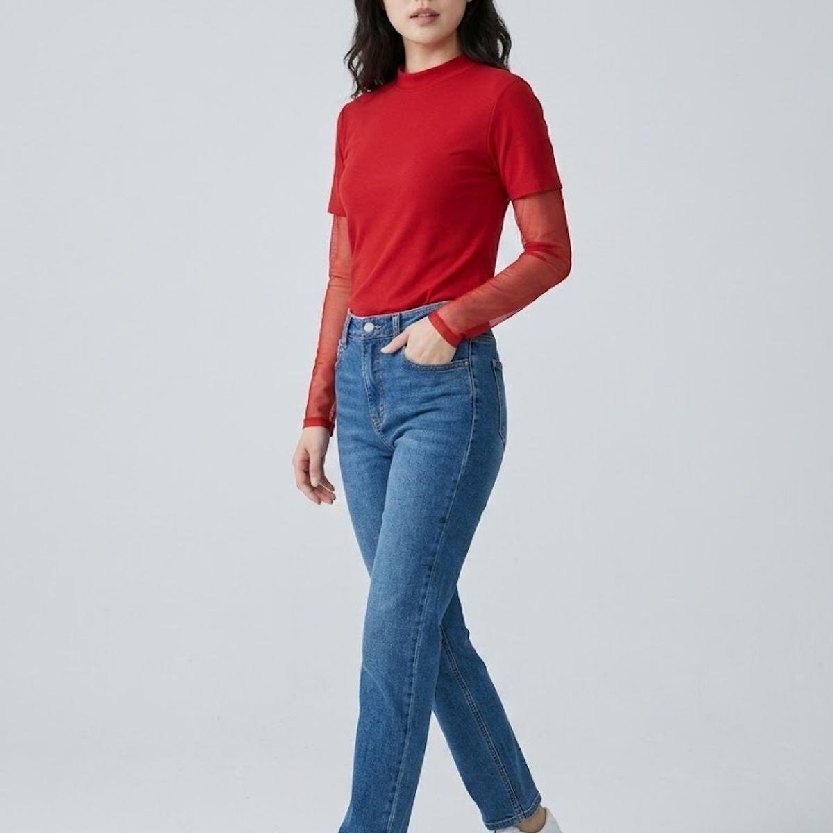 VIA7 - Espectacular blusa Camiseta de moda Negra Licra y Mangas de Malla Transparente