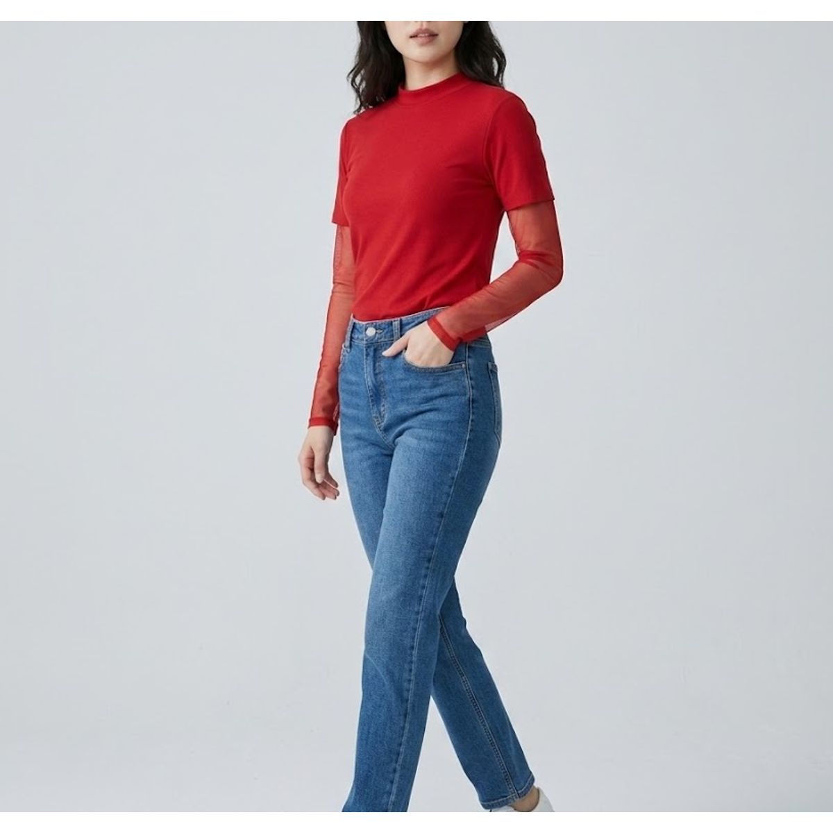 VIA7 - Espectacular blusa Camiseta de moda Negra Licra y Mangas de Malla Transparente