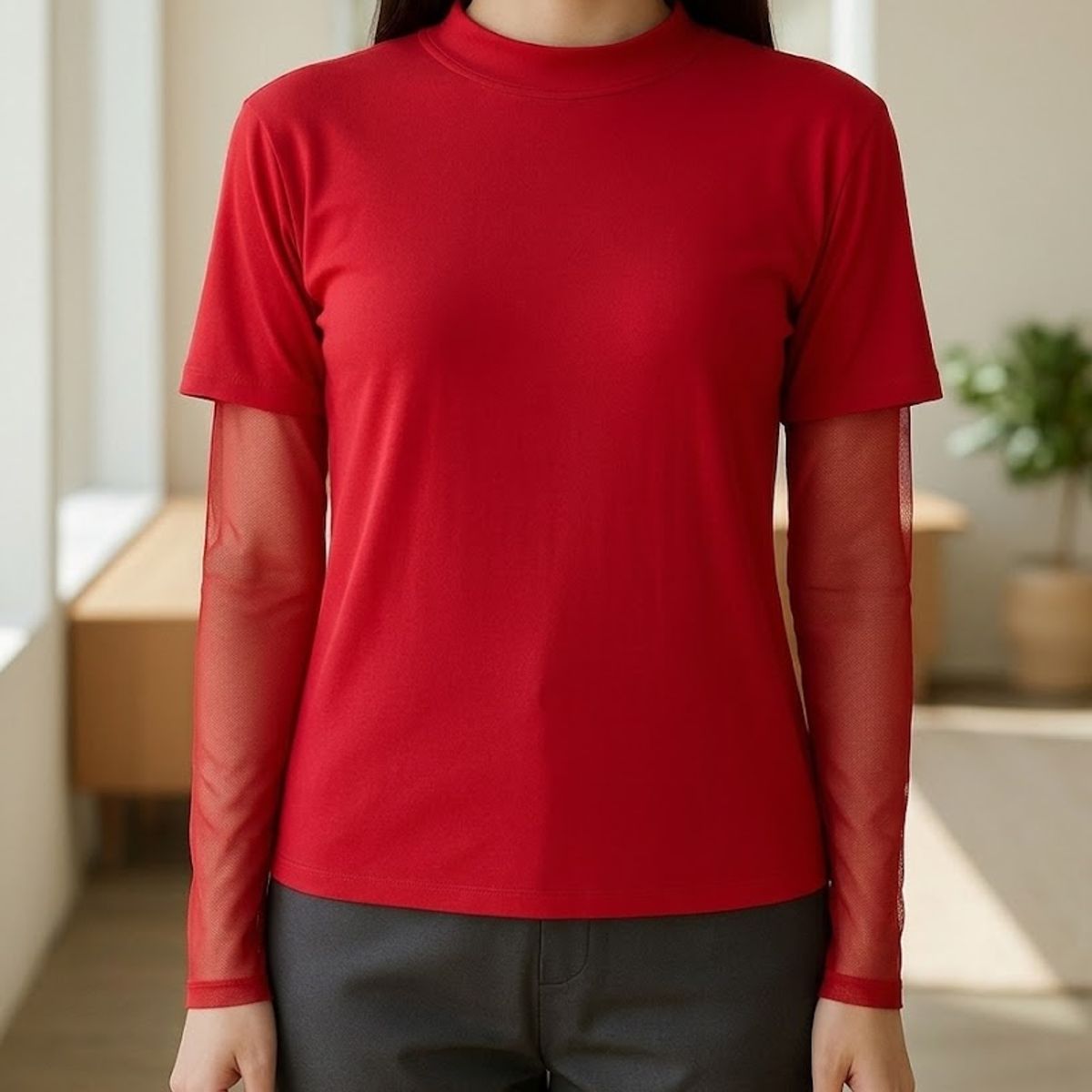 VIA7 - Espectacular blusa Camiseta de moda Negra Licra y Mangas de Malla Transparente