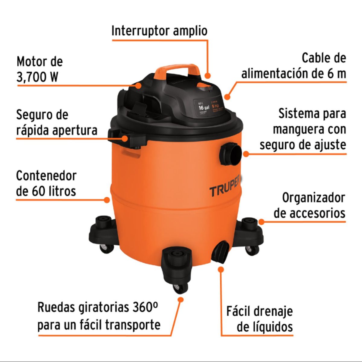 TRUPER - Aspiradora de sólidos y líquidos, 16 gal,5HP plástica