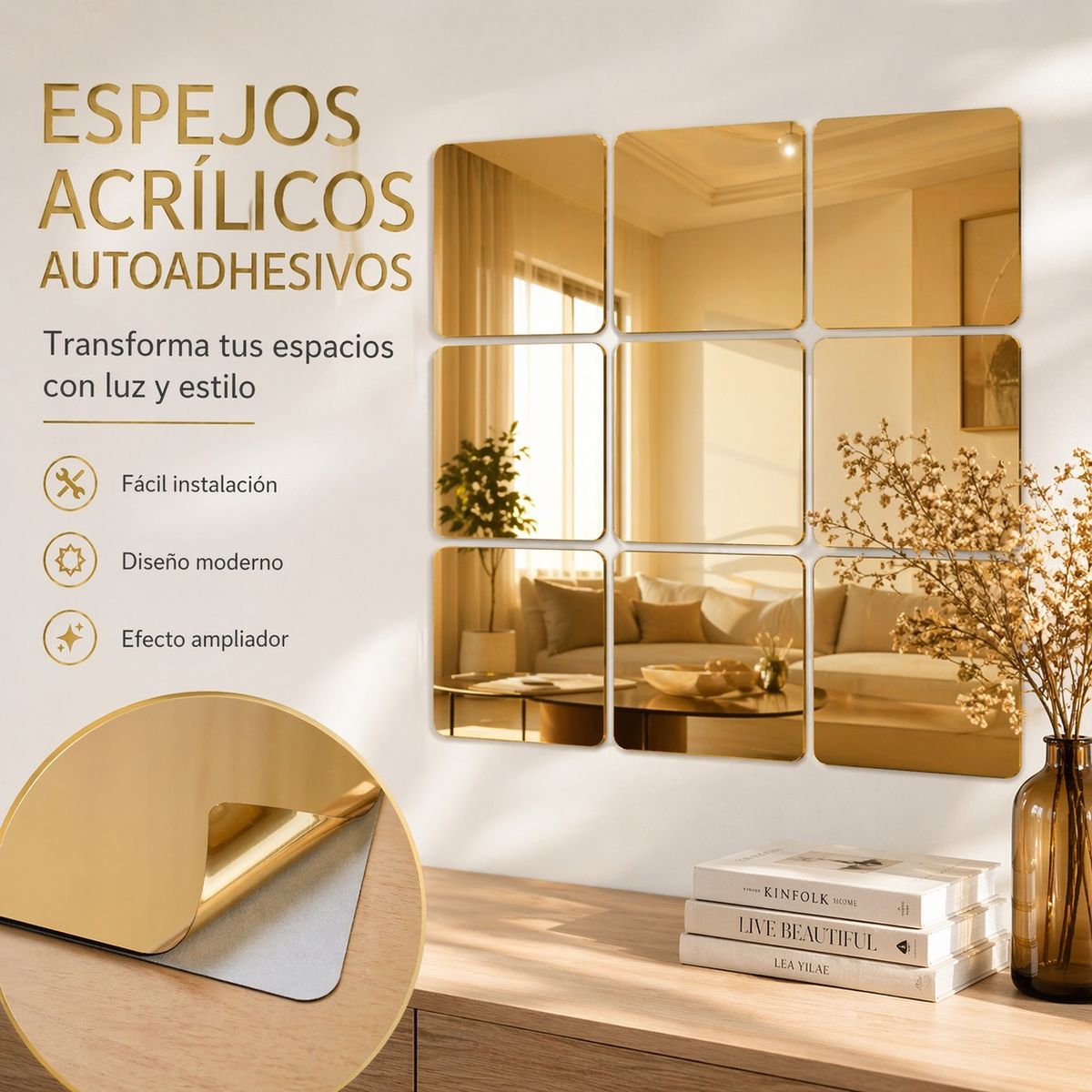 DECOR - Set De 10 Espejos Cuadrados Acrílico Moderno para Hogar