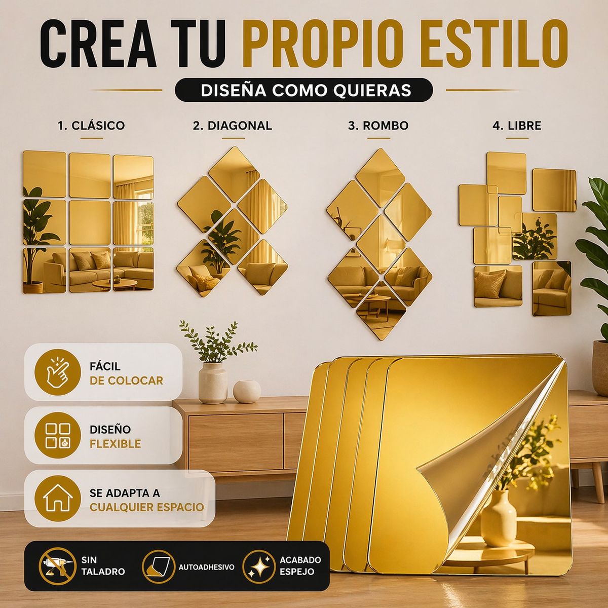 DECOR - Set De 10 Espejos Cuadrados Acrílico Moderno para Hogar