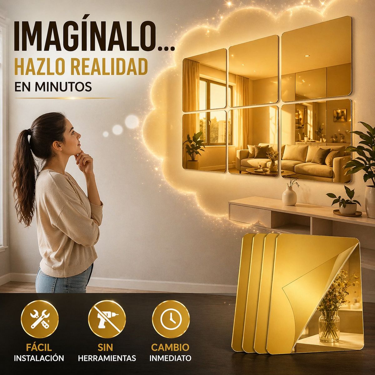 DECOR - Set De 30 Espejos Cuadrados Acrílico Moderno para Hogar