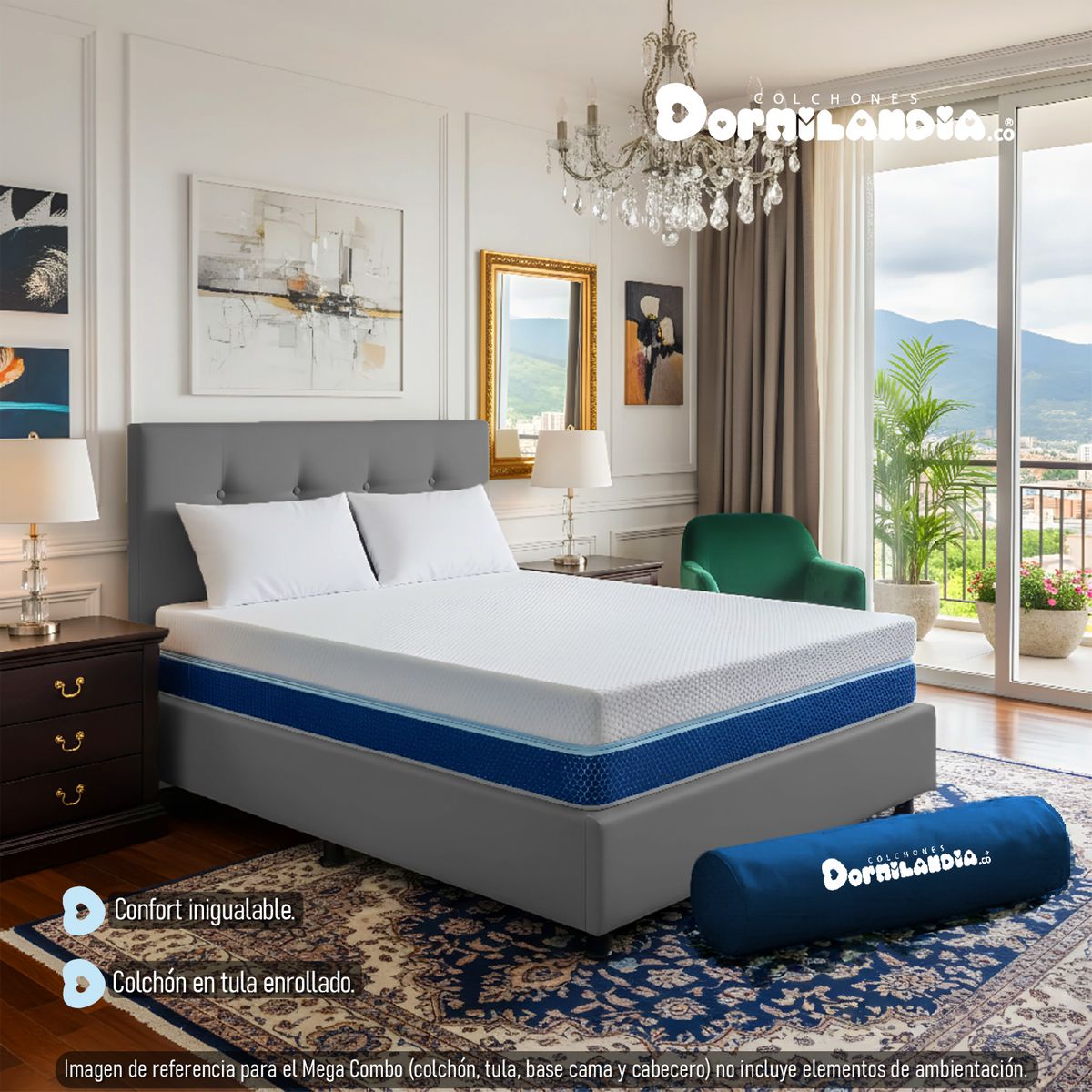 DORMILANDIA - Colchón con Base Cama Queen Firmeza Media Espumado Multisleep 160 x 190 cm + 2 Almohadas Dormilandia