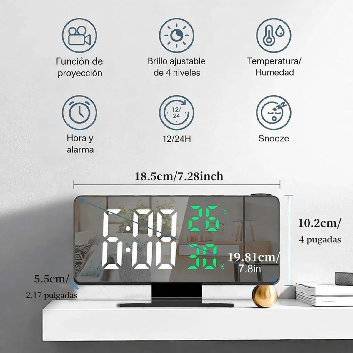 GENERICO - Reloj Proyector LED con Alarma Temperatura Pantalla Espejo