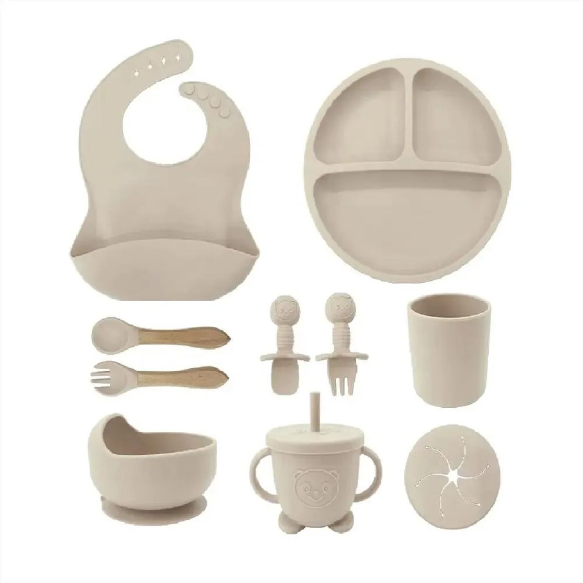 AMERICAN GENERICS - SET DE ALIMENTACIÓN PARA BEBÉ X8 PIEZAS EN SILICONA ANTIDESLIZANTE