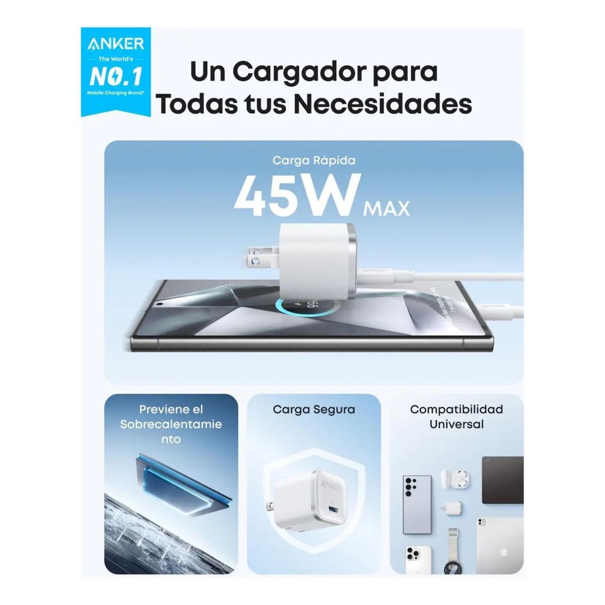 ANKER - Cargador Tipo C Anker Nano 45w Carga Rápida Compacto Y Plegable Blanco