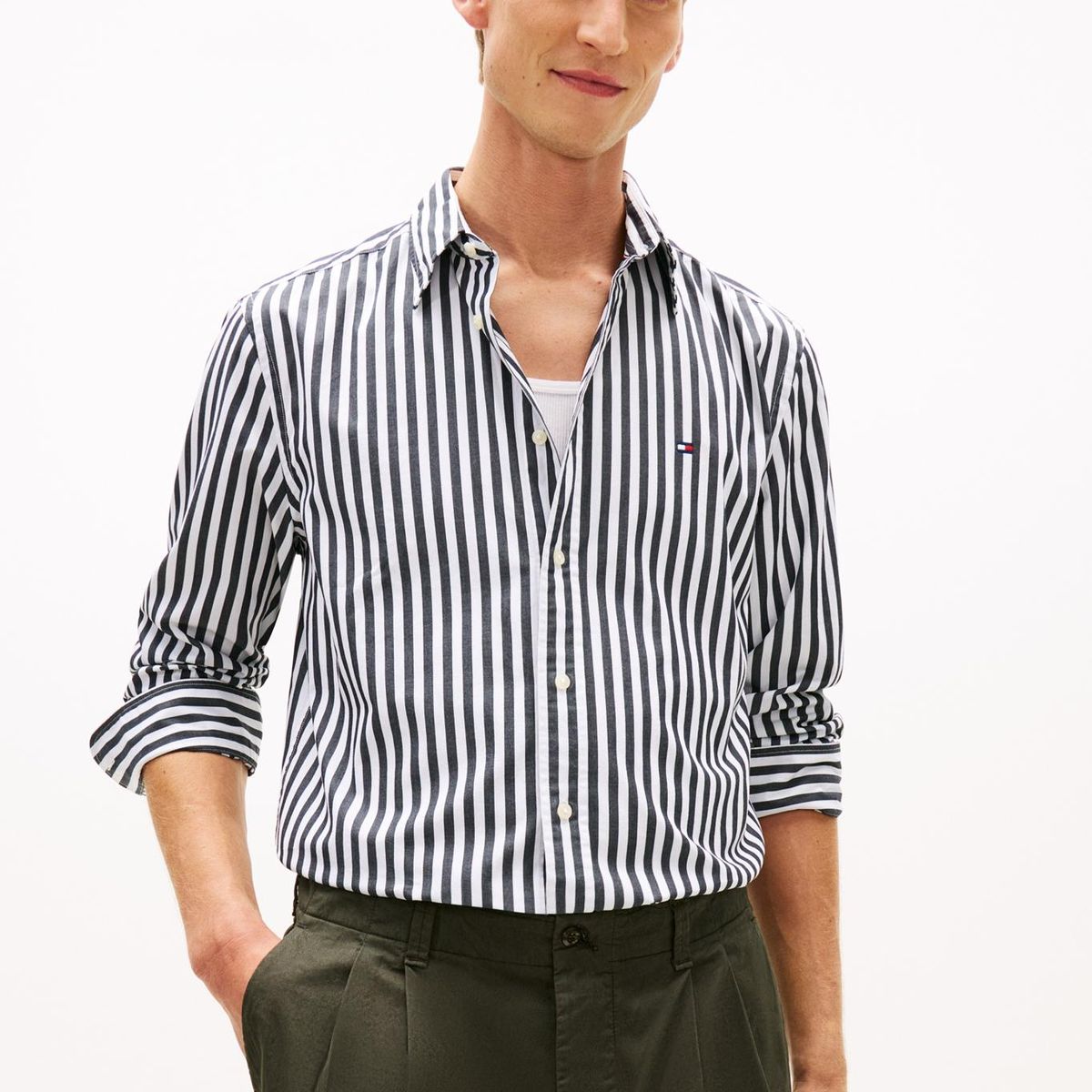 TOMMY HILFIGER - Camisa negra de popelín a rayas TH Flex Tommy Hilfiger