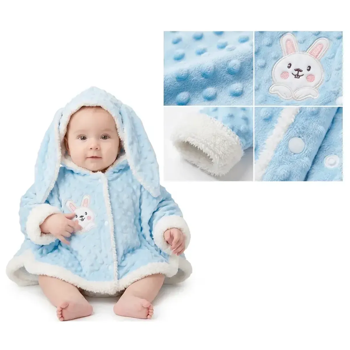 BABY KDS - Ruana para Bebé Capucha de Conejito Azul 3 -12 Meses