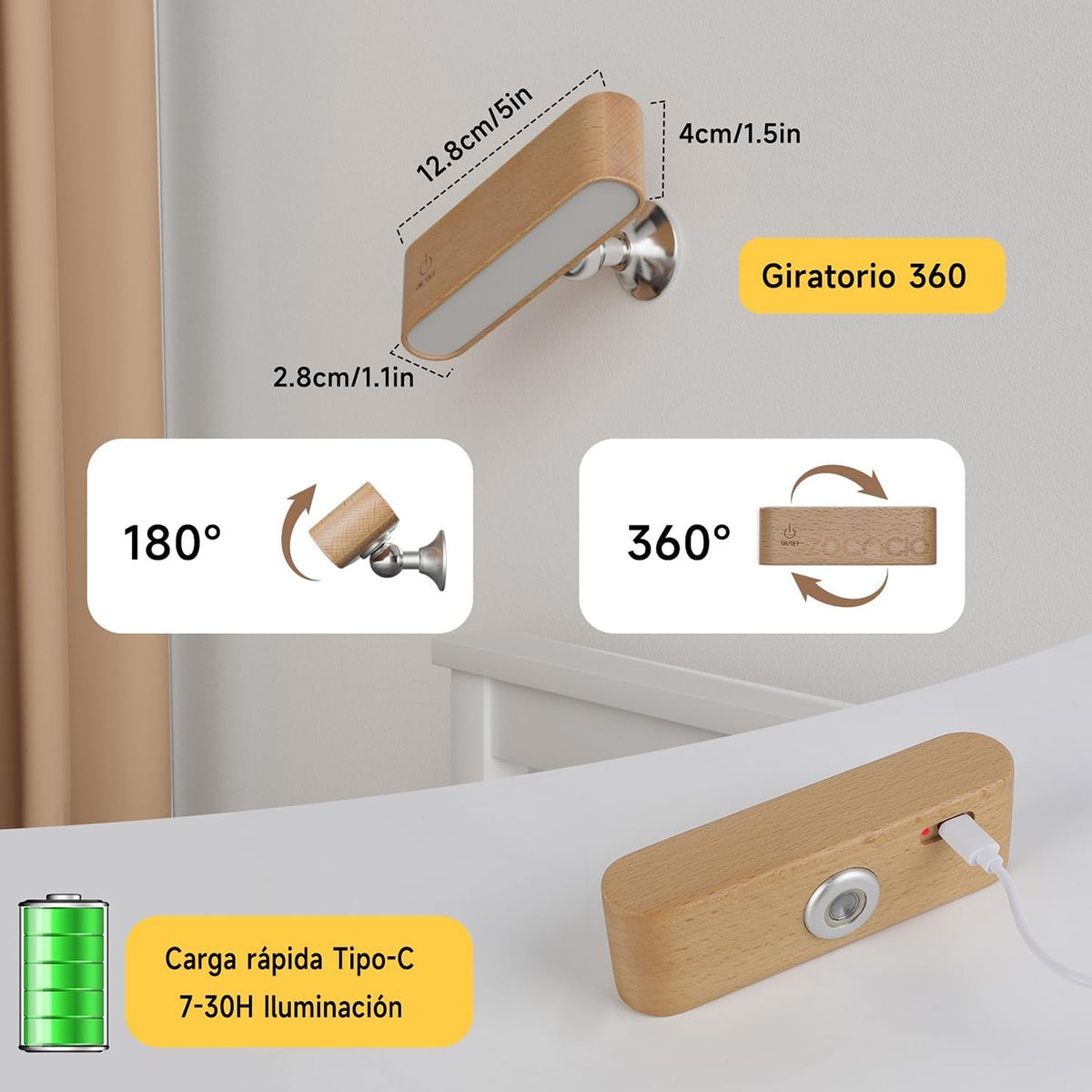 ZOCOCIO - Lampara De Pared Decorativa Led Magnética 360 Con Control Cafe