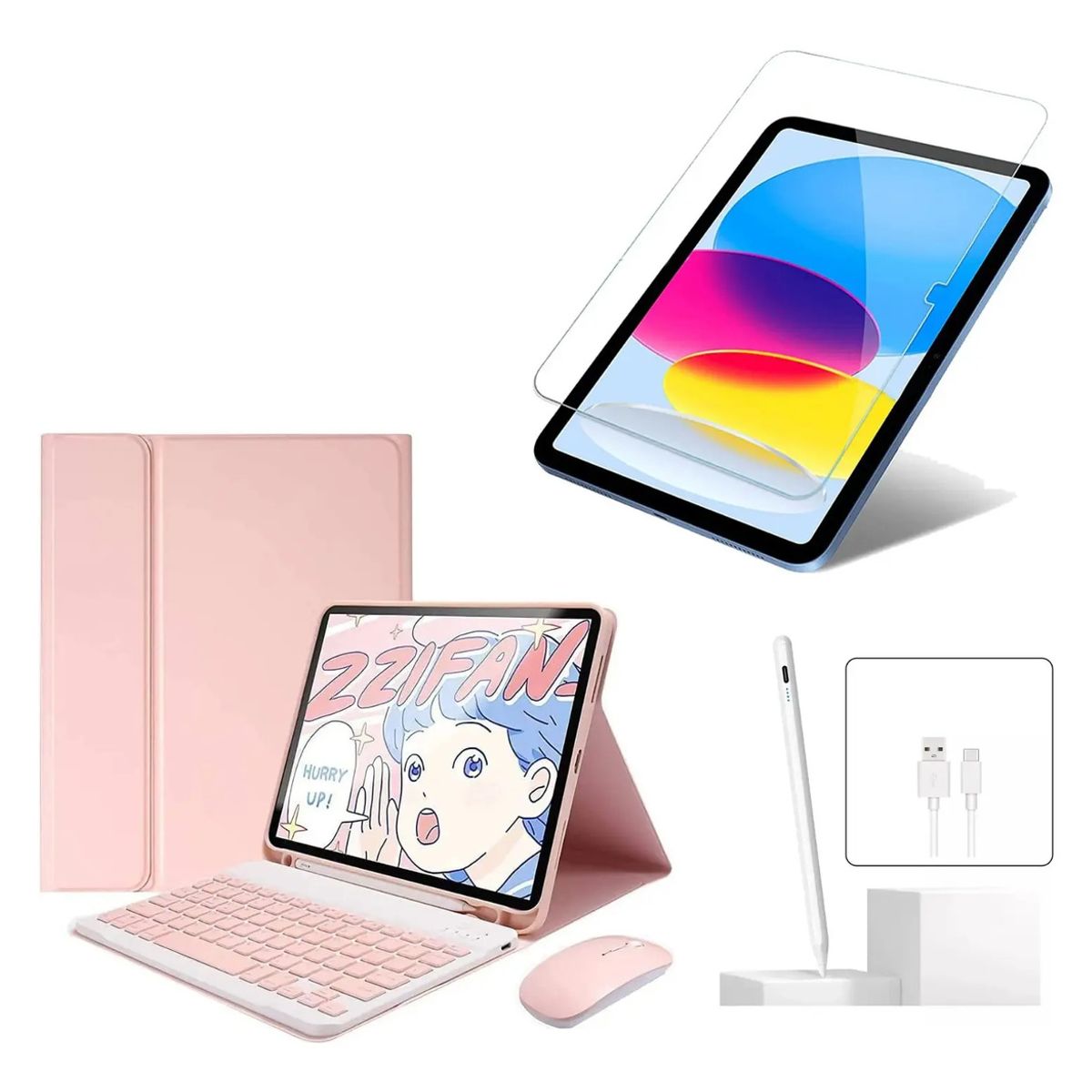 GENERICO - ESTUCHE FUNDA TECLADO + MOUSE PARA TABLET LENOVO TAB M11 2024 + VIDRIO + LAPIZ  ROSA