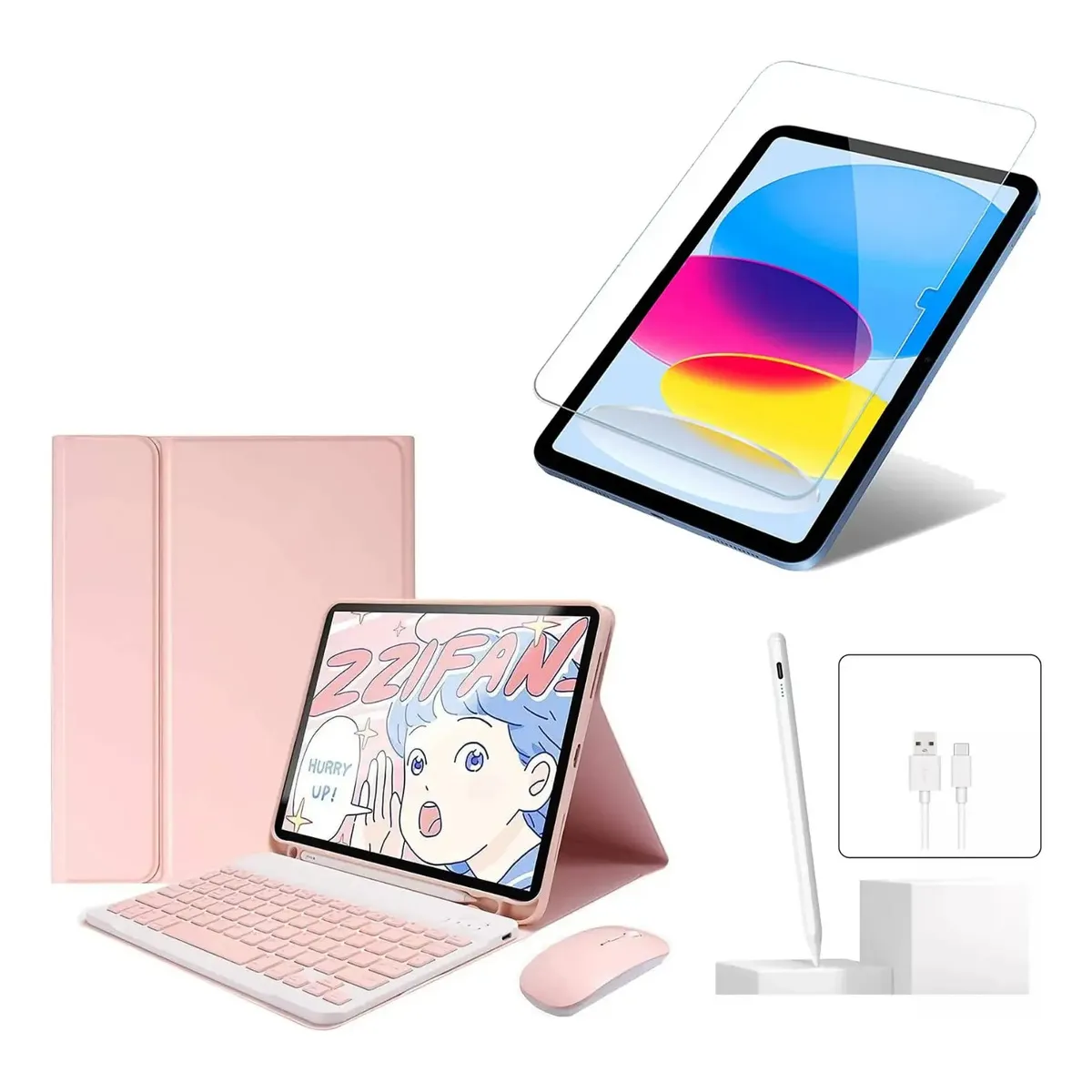 GENERICO - ESTUCHE FUNDA TECLADO + MOUSE PARA TABLET LENOVO TAB M11 2024 + VIDRIO + LAPIZ  ROSA