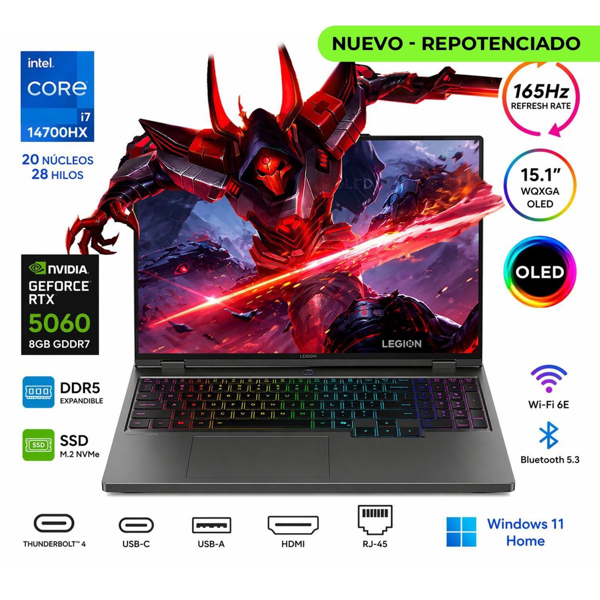Lenovo - Portátil Gamer LENOVO Legion 15IRX10 Intel Core i7 14700HX RAM 32GB SSD 2 TB RTX 5060 8 GB 165Hz
