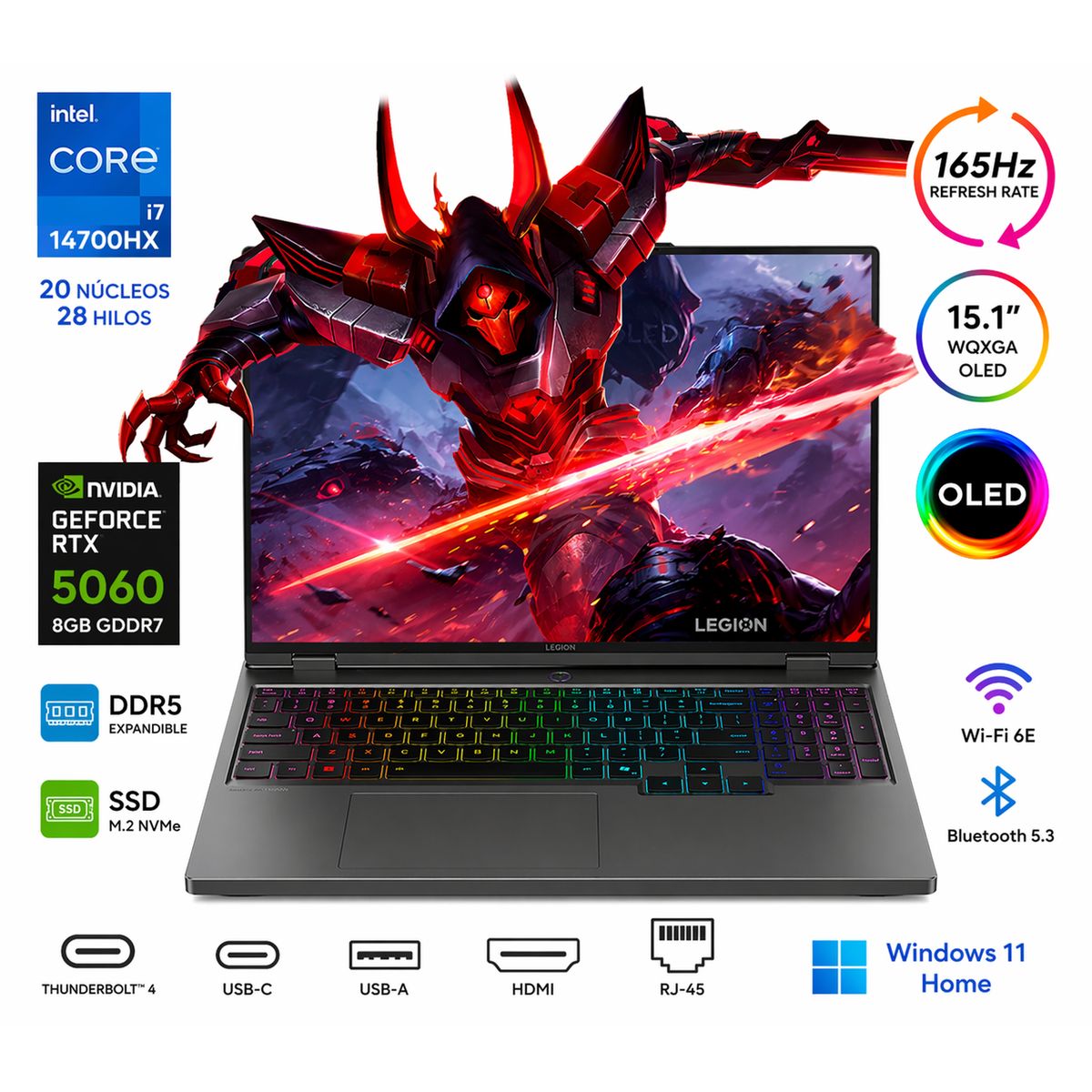 Lenovo - Portátil Gamer LENOVO Legion 15IRX10 Intel Core i7 14700HX RAM 8GB SSD 2 TB RTX 5060 8 GB 165Hz