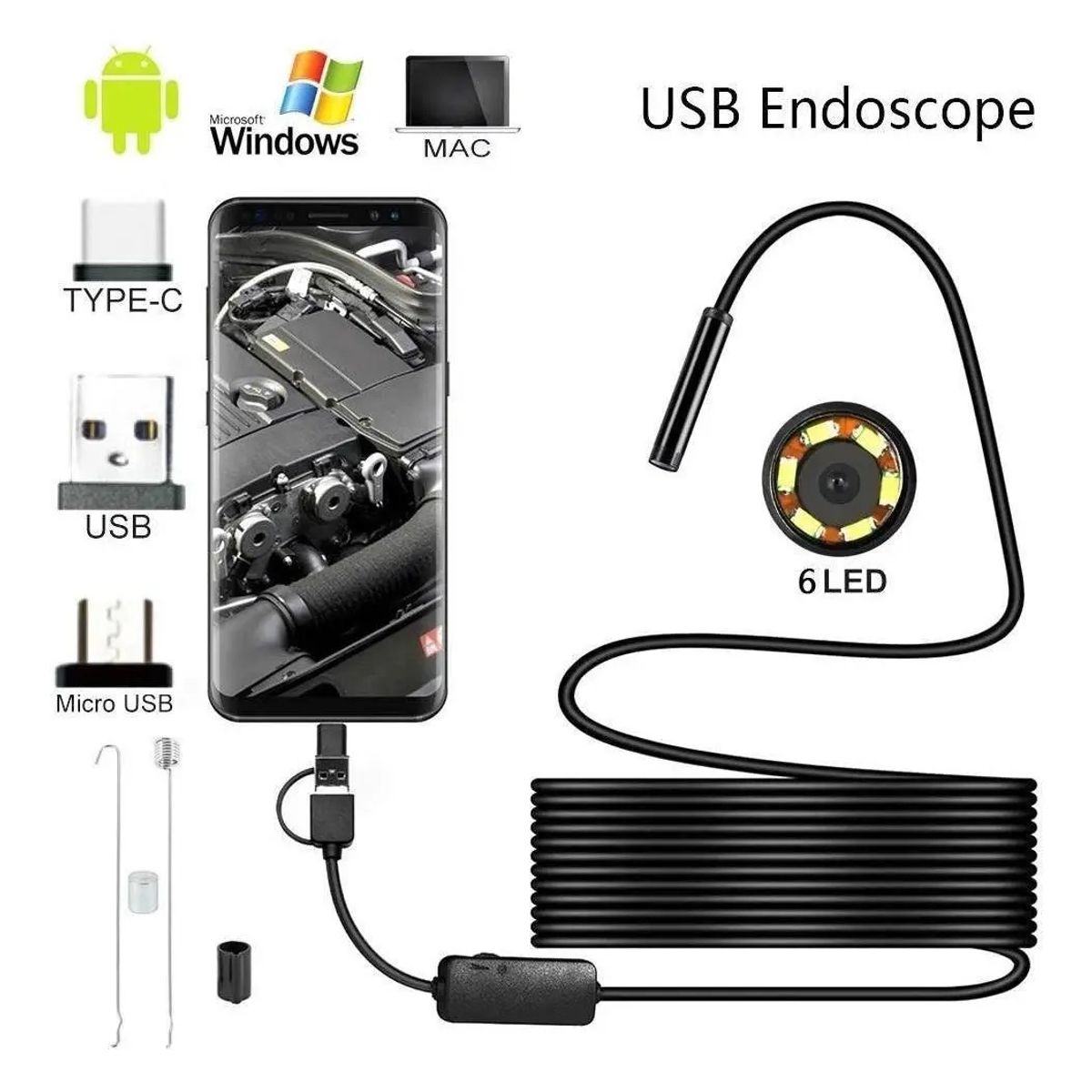 GENERICO - Cámara endoscópica flexible USB para teléfono celular Android de 2 metros