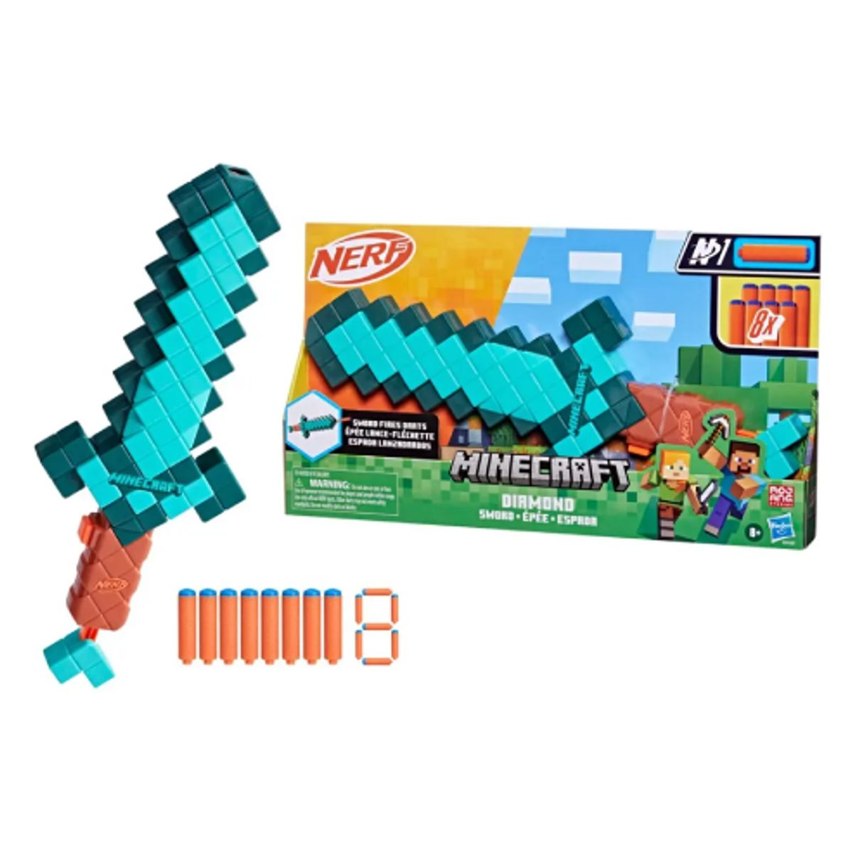 MINECRAFT - Lanzador Nerf Minecraft Espada 8 Dardos Azul Marino