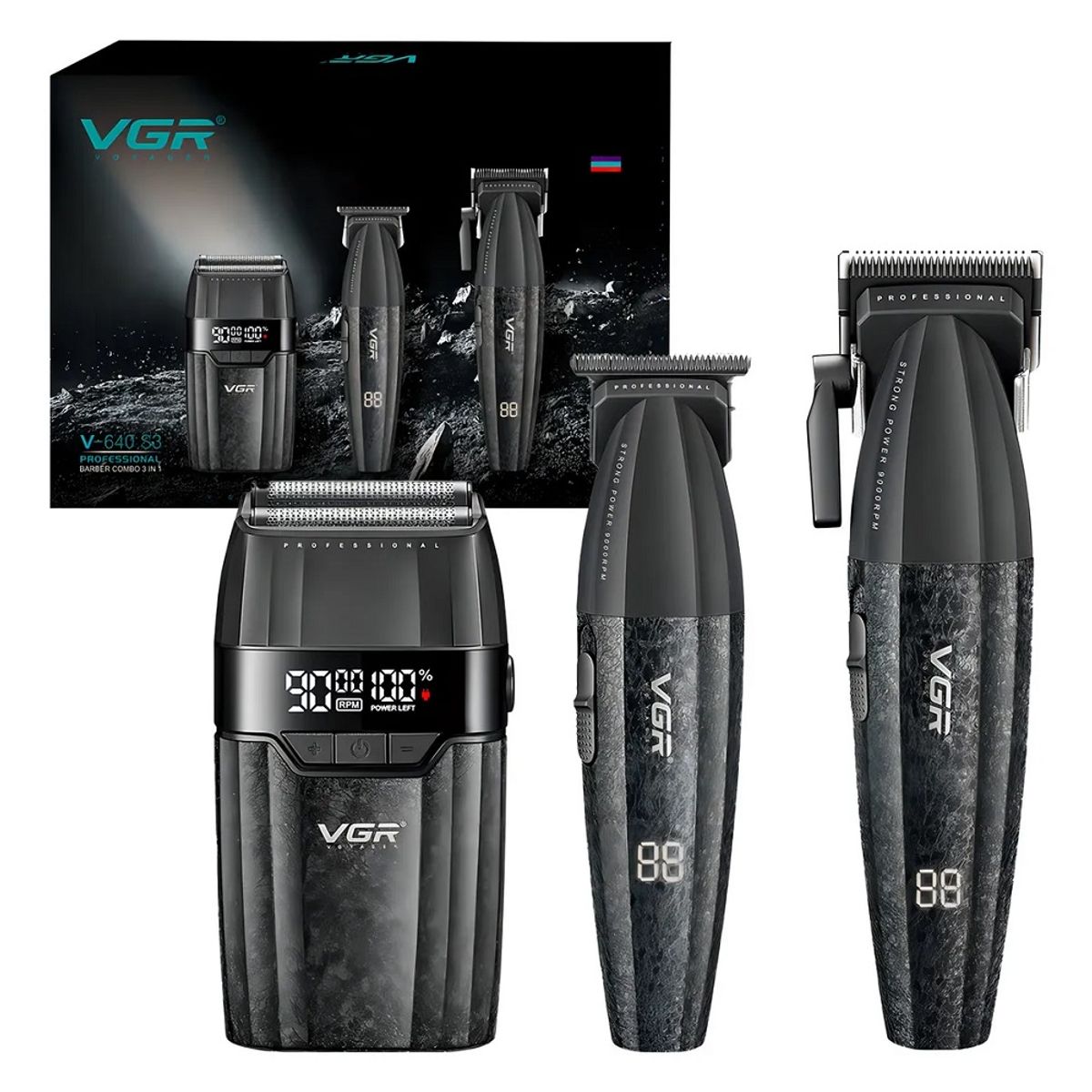VGR - Combo VGR barber V-640-S3 set 3 en 1 color negro