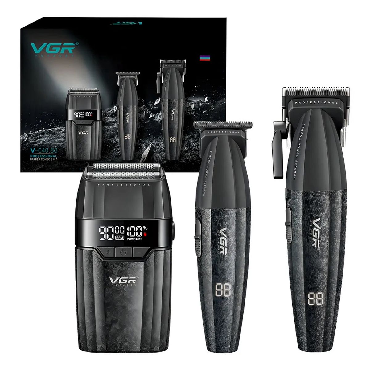 VGR - Combo VGR barber V-640-S3 set 3 en 1 color negro