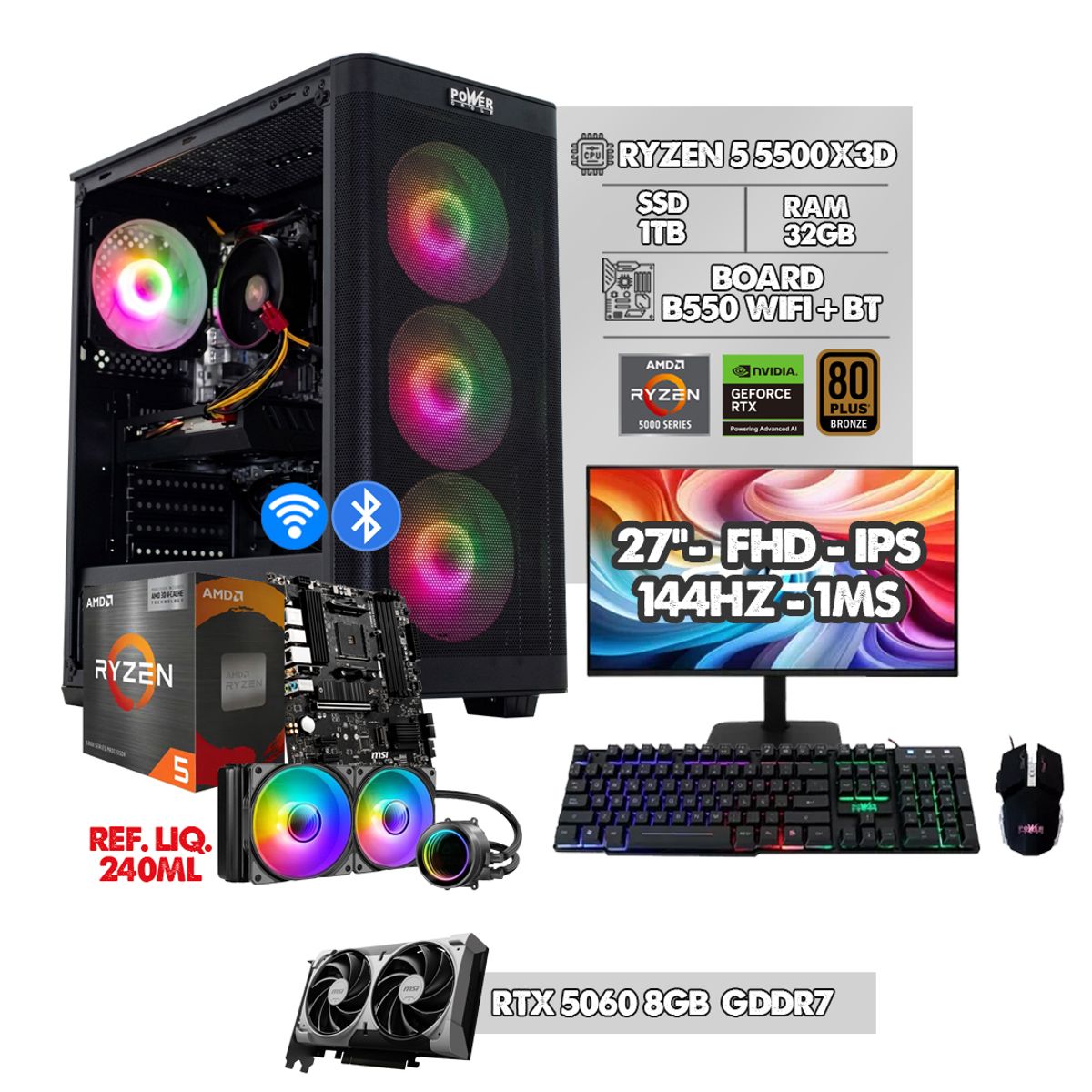 AMD - PC GAMER RYZEN 5 5500X3D - RTX 5060 - MONITOR 27" 144HZ FHD - RAM 32GB SSD 1TB IDEAL PARA GAMING
