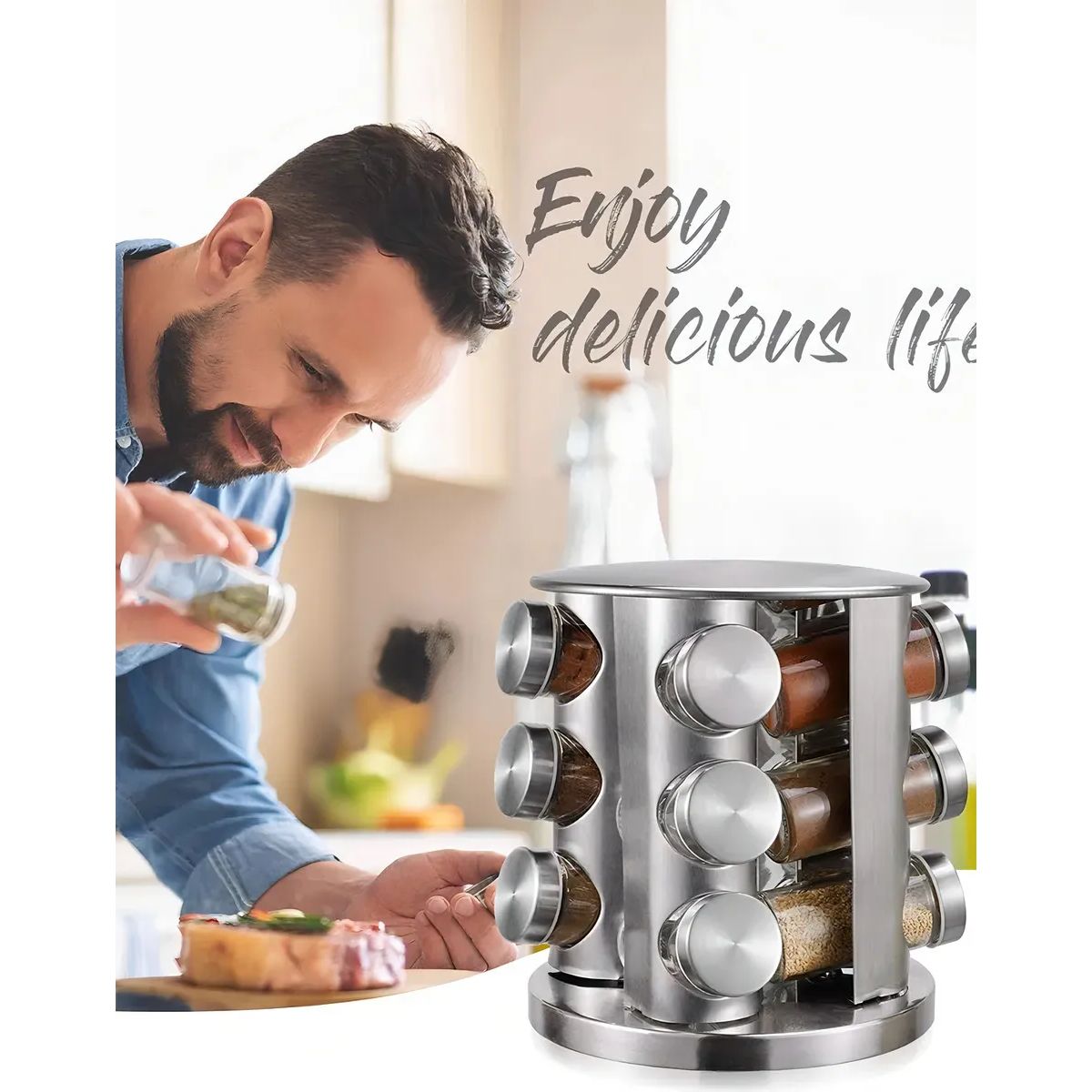 GENERICO - Especiero Condimentero Set 12 Frascos Acero Madera