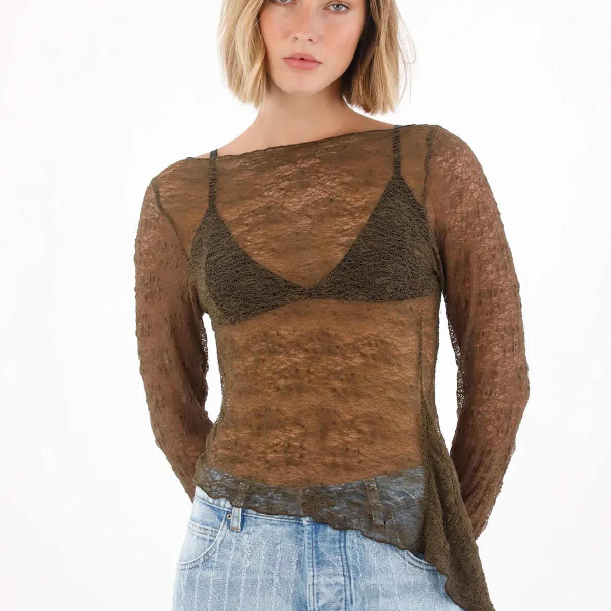 TENNIS - Camiseta manga larga en tela tipo blonda verde para mujer