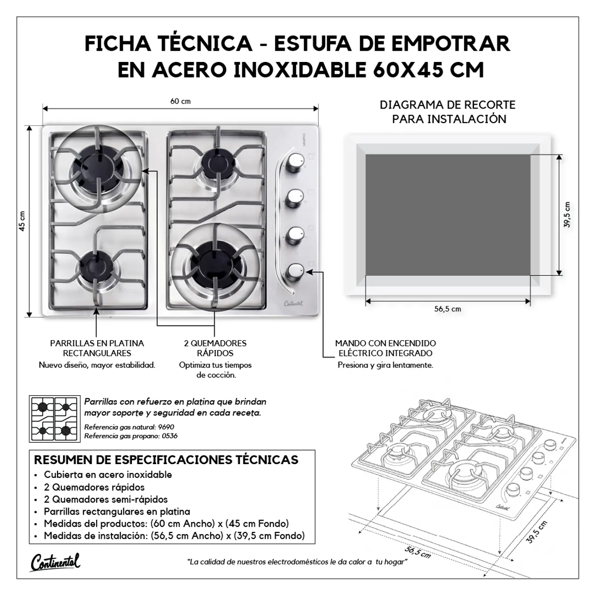 CONTINENTAL - Estufa de Empotrar Continental 4 Puestos Acero Inoxidable 60x45 cm Gas Natural 9690
