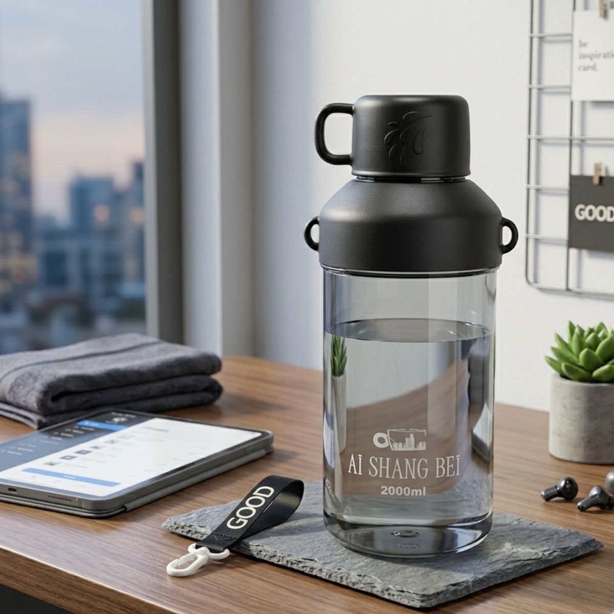 GENERICO - Botella De Agua 2000ml Con Correa Botilito De Viaje y Gym Fitness Para Entrenamiento, 28x12 cm