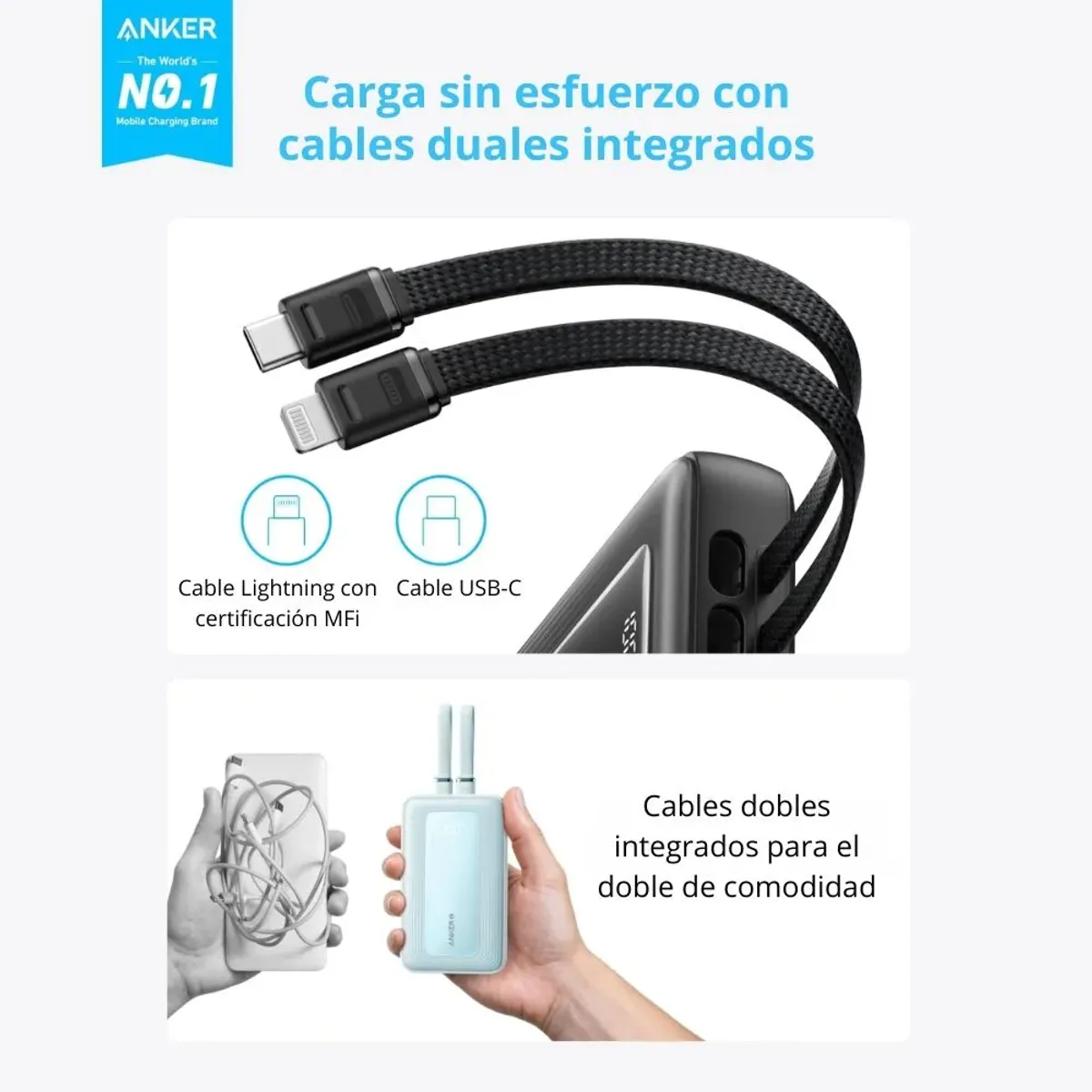 ANKER - Batería Power Bank Anker Zolo 10000mAh Carga Rápida 30W Cables USB-C + Lightning Integrados iPhone