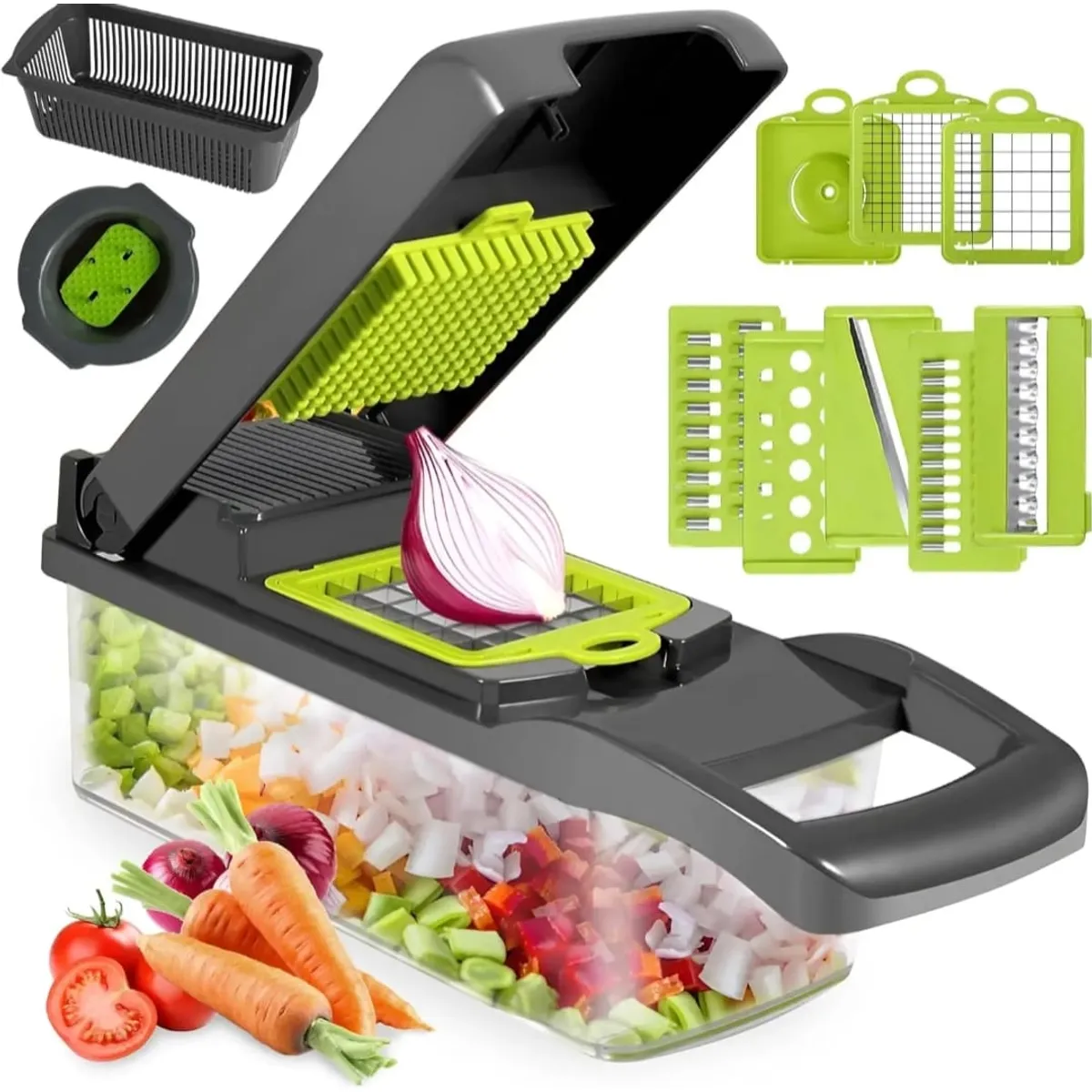 GENERICO - Picador de Verduras Multifuncional con Recipiente y Cuchillas Intercambiables  Cortador Manual de Cocina