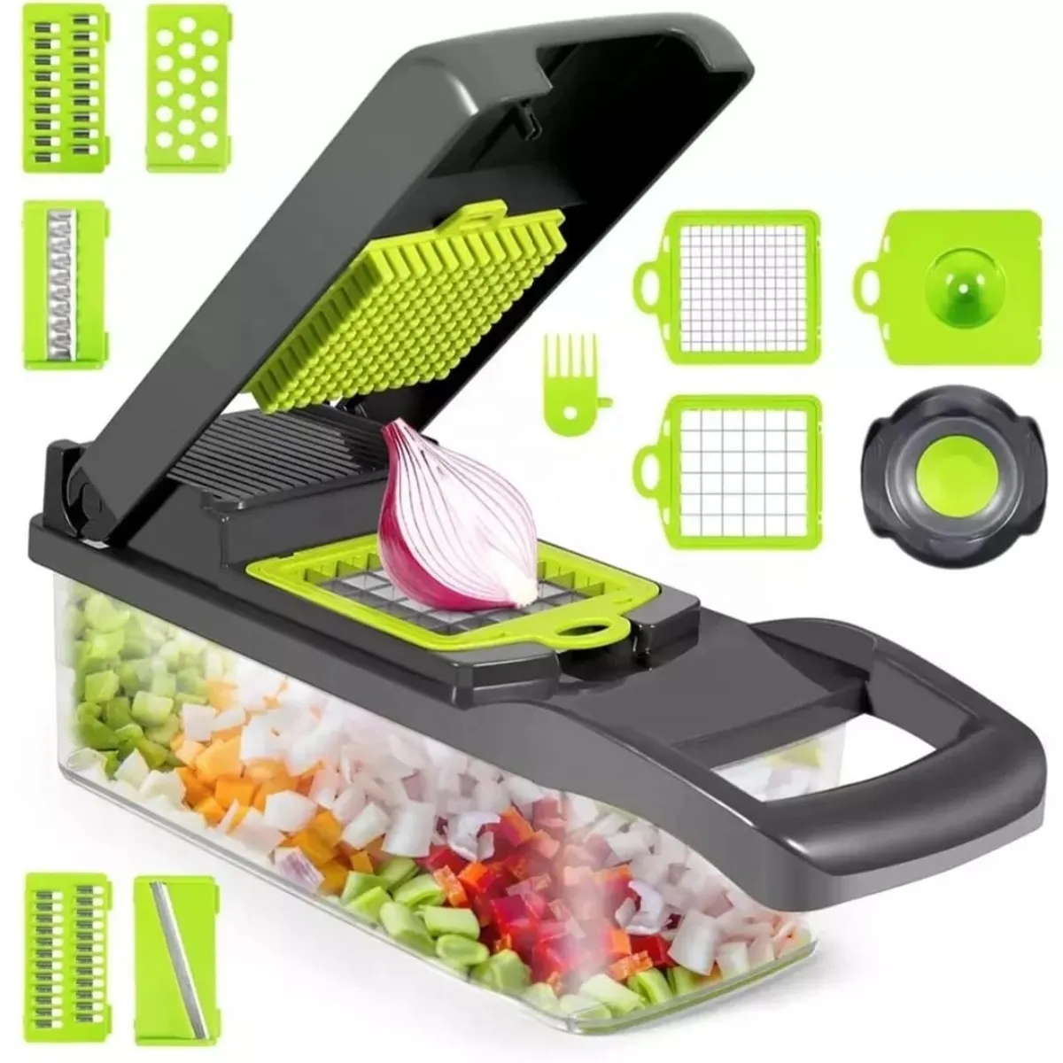GENERICO - Picador de Verduras Multifuncional con Recipiente y Cuchillas Intercambiables  Cortador Manual de Cocina