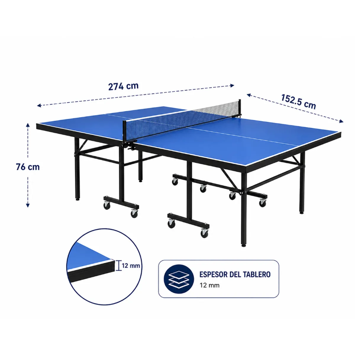HOMESALE - Mesa de Ping Pong Profesional 12MM Color AzulClaro Con Rueda