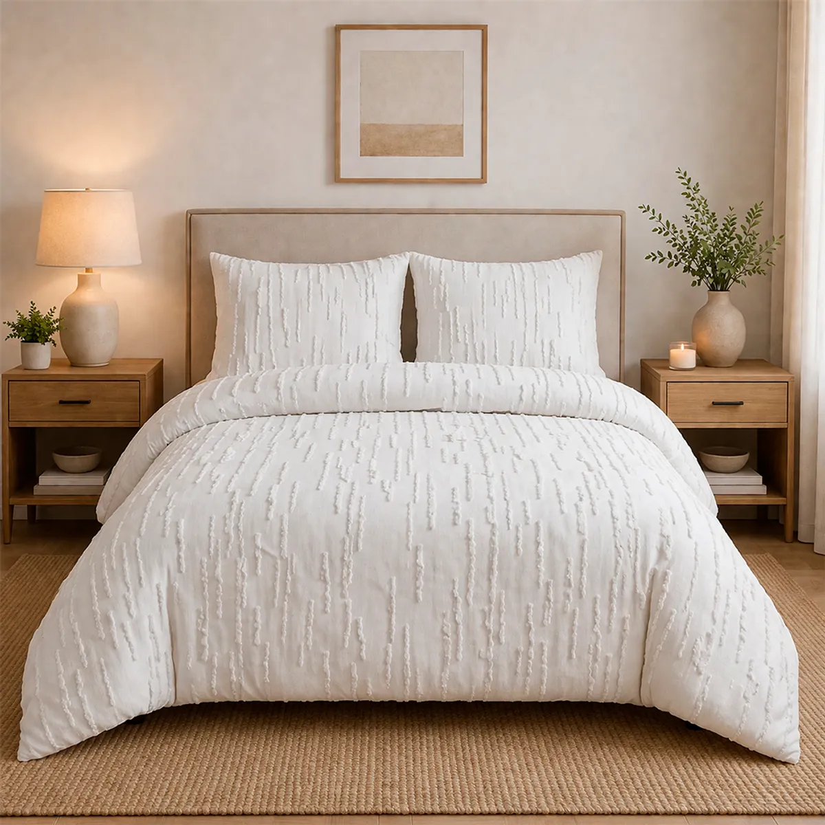 LILE - Juego de Duvet Jacquard Blanco Líneas + Sábana + Fundas