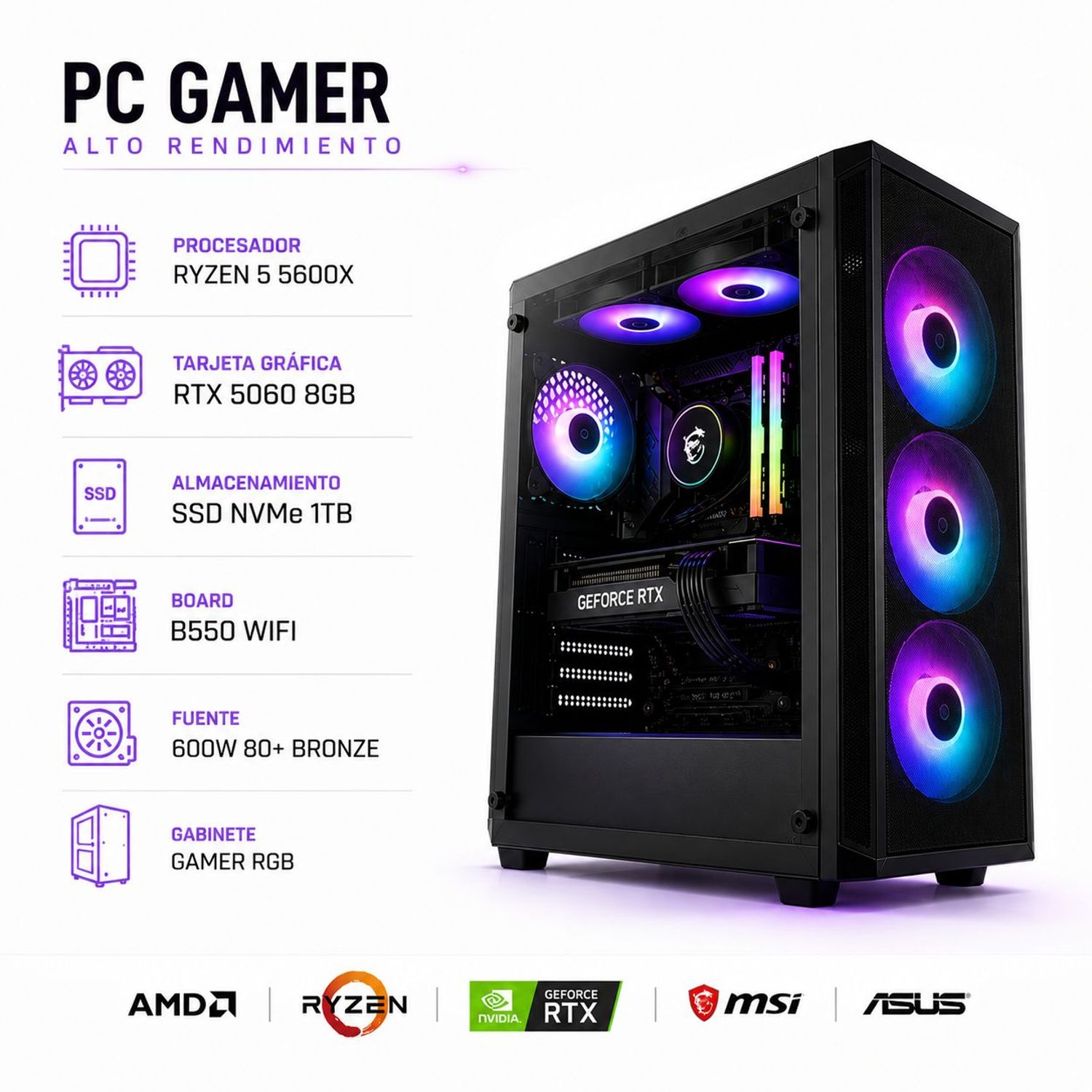 ゲーミングPC Ryzen5 5600X GTX1660SUPERメモリ32GB PC GAMER RYZEN 5 5600X - RTX 5060 8GB - 1TB SSD NVMe - 16GB RAM
