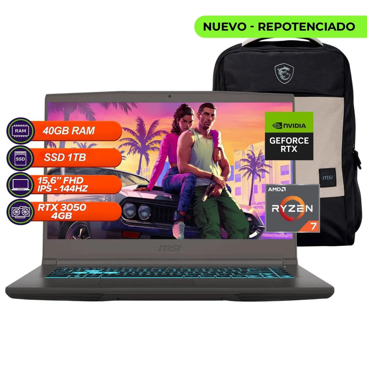 MSI - PORTATIL GAMER MSI Thin A15 - RYZEN 7 7735HS - RTX 3050 4GB - 40GB RAM - SSD 1TB - 15.6” FHD 144Hz