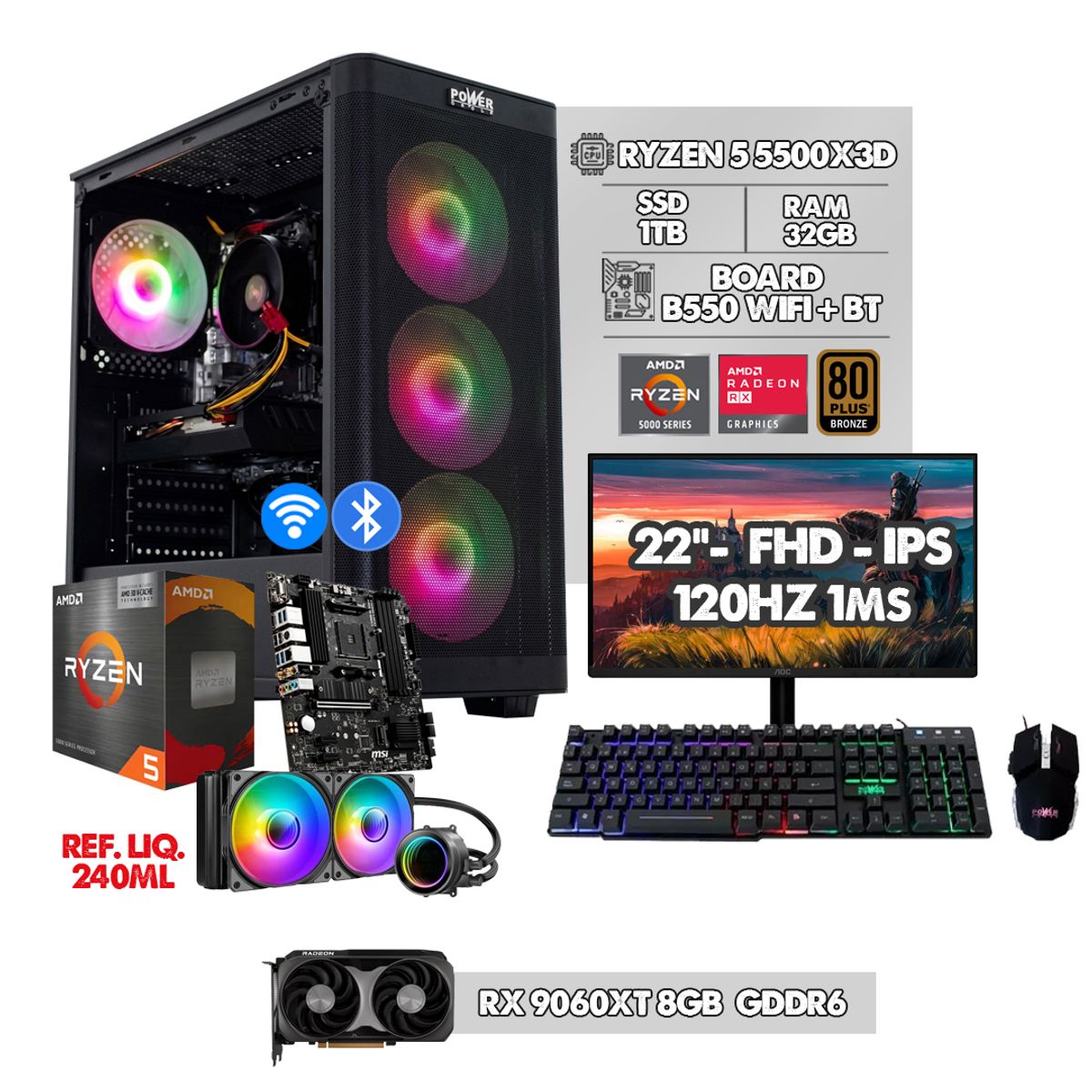 AMD - PC GAMER RYZEN 5 5500X3D + RX 9060XT 8GB - B550 WIFI - RAM 32GB SSD 1TB + MONITOR 22" FHD 120HZ