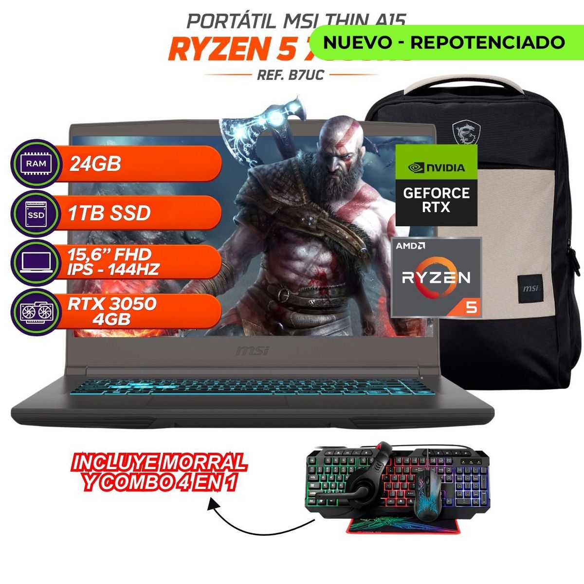 MSI - PORTATIL GAMER MSI Thin 15 RYZEN 5 7535HS - RTX 3050 4GB - 24GB RAM - SSD 1TB - 15.6” + COMBO