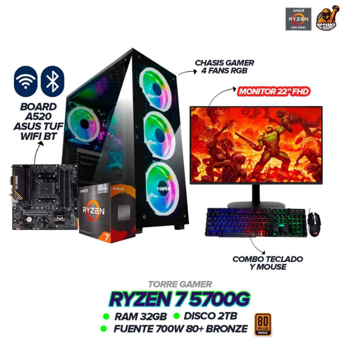 AMD - Torre Gamer Chasis Gamer Ryzen 7 5700G 32GB RAM SSD 2 TB A520 TUF WIFI BT + MONITOR 22"