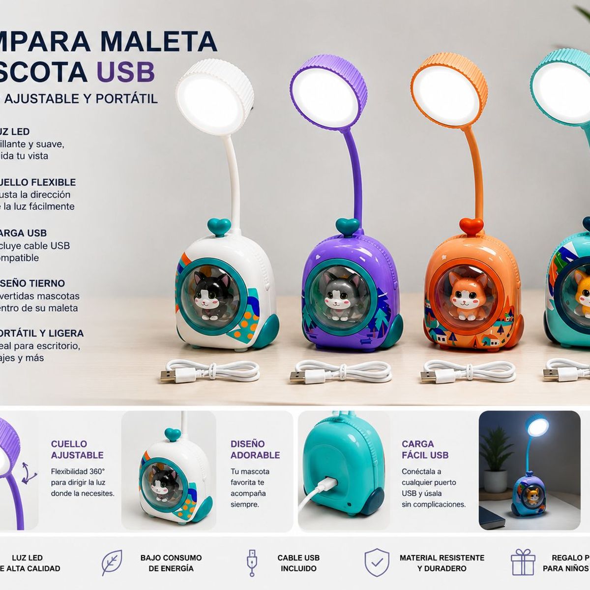 MAZUGI - Lámpara Mascota USB Ajustable LED Infantil Recargable