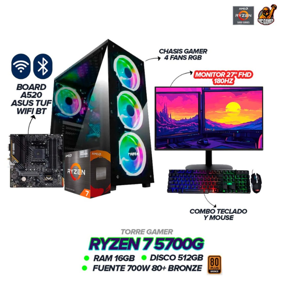 AMD - Torre Gamer Chasis Gamer Ryzen 7 5700G 16GB RAM SSD 512GB A520 TUF WIFI BT + MONITOR 27"