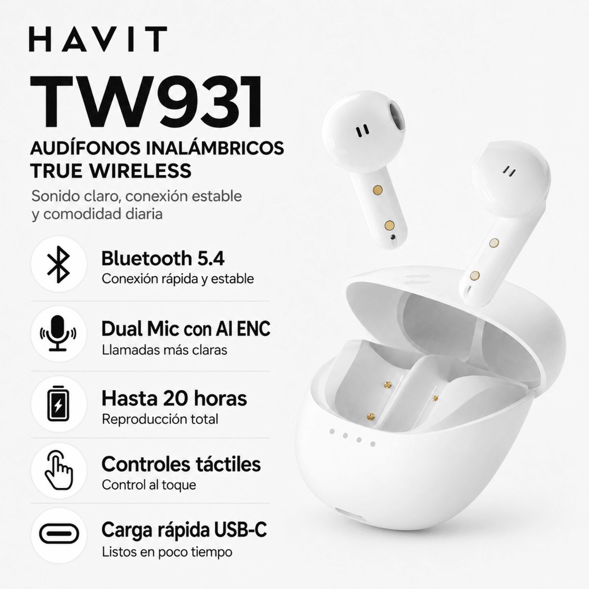 HAVIT - Set Auriculares Inalámbricos Havit Tw931 , Bluetooth 5.0  + Cable Magnético