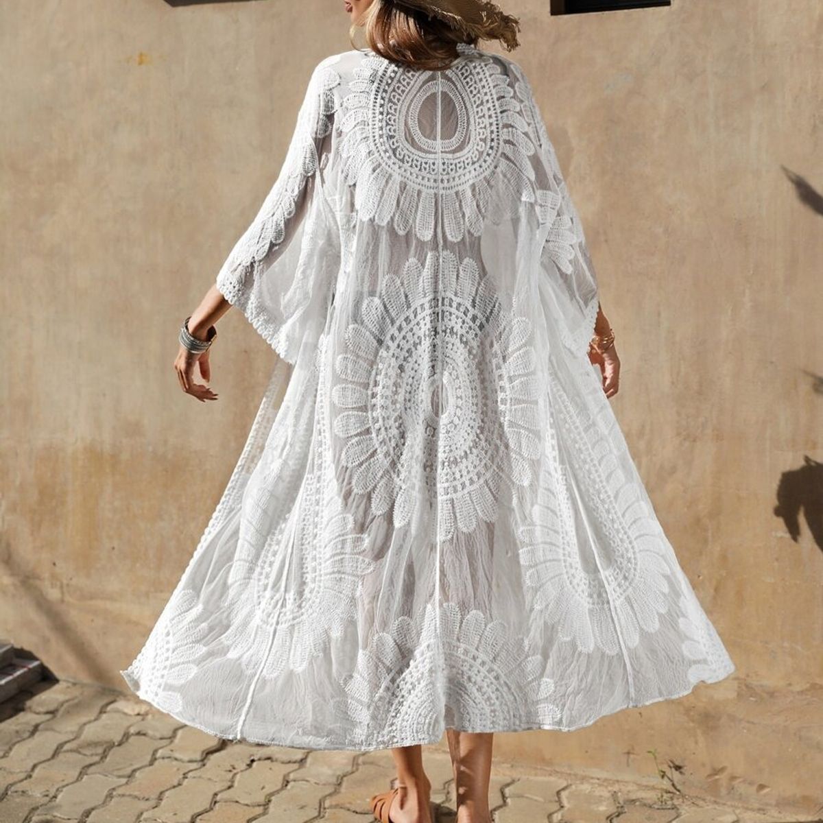 GENERAL - Kimono blanco de encaje transparente con estilo boho chic playa