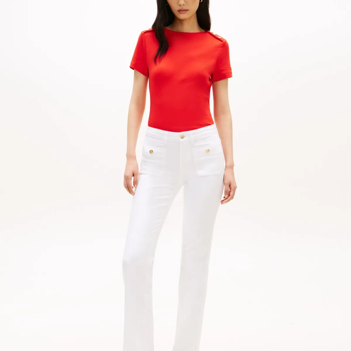 TOMMY HILFIGER - Camiseta roja slim de cuello barco con botones Tommy Hilfiger