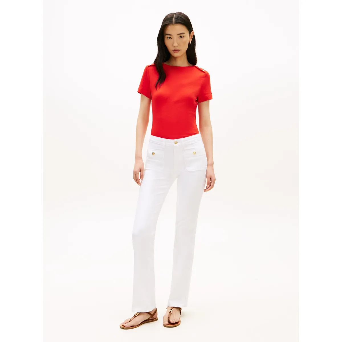 TOMMY HILFIGER - Camiseta roja slim de cuello barco con botones Tommy Hilfiger