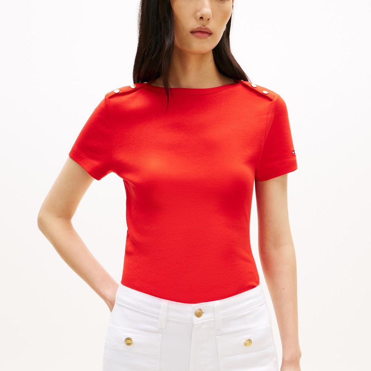 TOMMY HILFIGER - Camiseta roja slim de cuello barco con botones Tommy Hilfiger