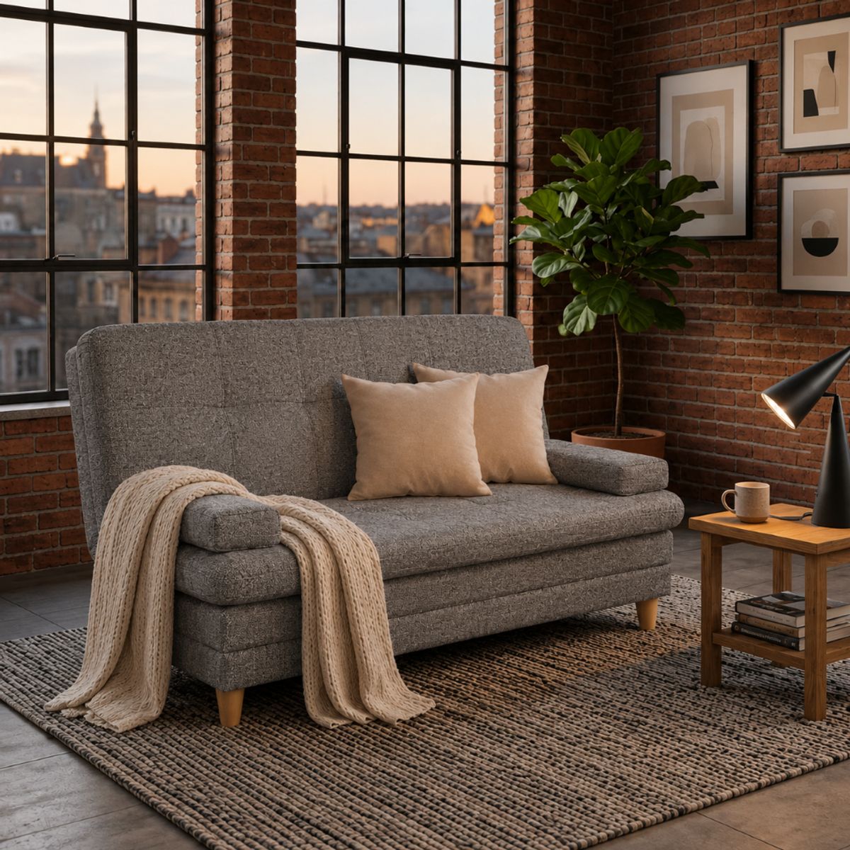 DECOLUM - SofáCama Tous 3 Posiciones con Brazos Tela Lino  + cojines Beige