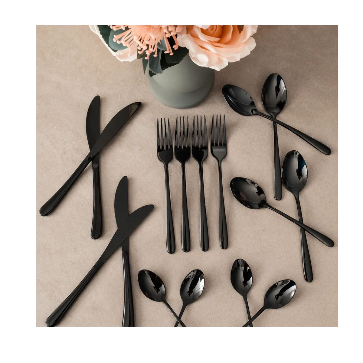 TECNOHOGAR JS - Juego Cubiertos Mesa Set 24 Piezas 6 Puestos Acero Premium NEGRO