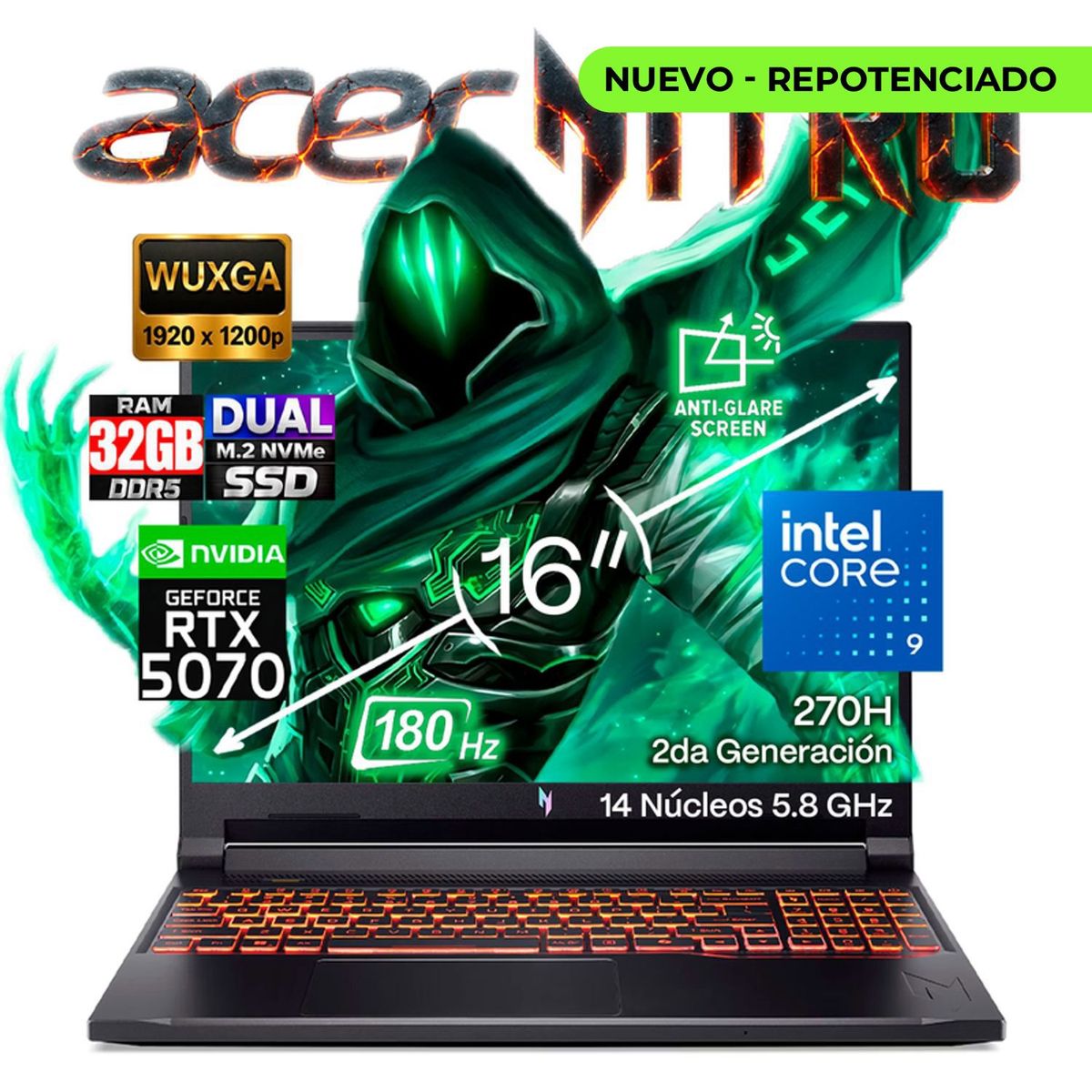 ACER - Portátil Gamer ACER Nitro V16 ANV16.72.933F Intel Core 9 270H  RAM 32GB SSD 2 TB RTX 5070 8 GB 180Hz