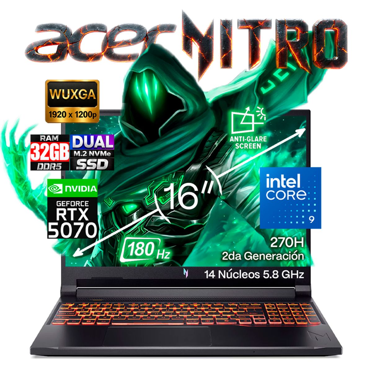 ACER - Portátil Gamer ACER Nitro V16 ANV16.72.933F Intel Core 9 270H  RAM 32GB SSD 2 TB RTX 5070 8 GB 180Hz