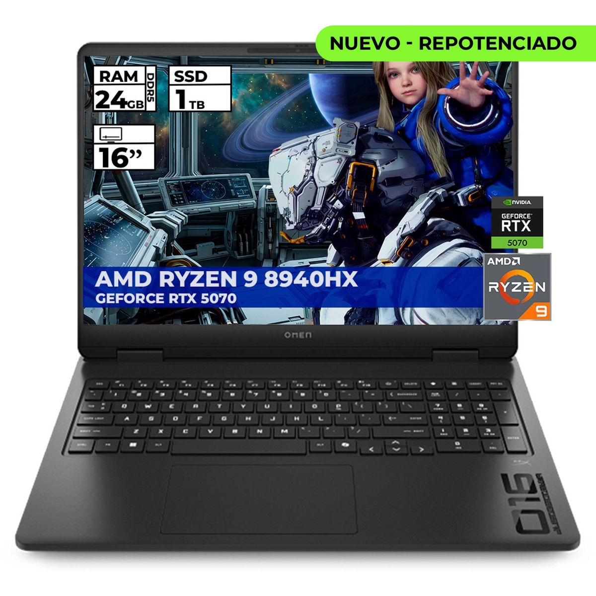 HP - PORTATIL GAMER HP OMEN RYZEN 9-8940HX 24GB RAM 1TB SSD RTX 5070 16'' 2K