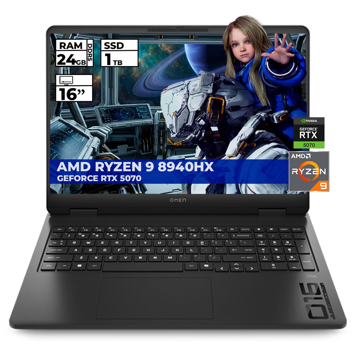 HP - PORTATIL GAMER HP OMEN RYZEN 9-8940HX 24GB RAM 1TB SSD RTX 5070 16'' 2K